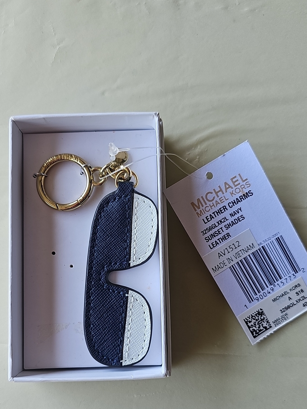 Michael Kors Navy and White Leather Sunglasses Charm Keychain with Gold Hardware